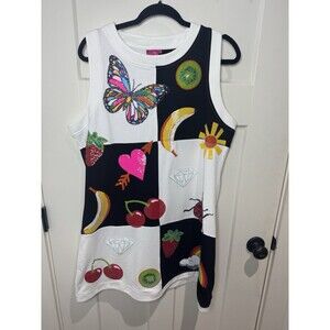 NWT Queen of Sparkles XL Patchwork Sequin Dress Butterfly Fruit Rainbow